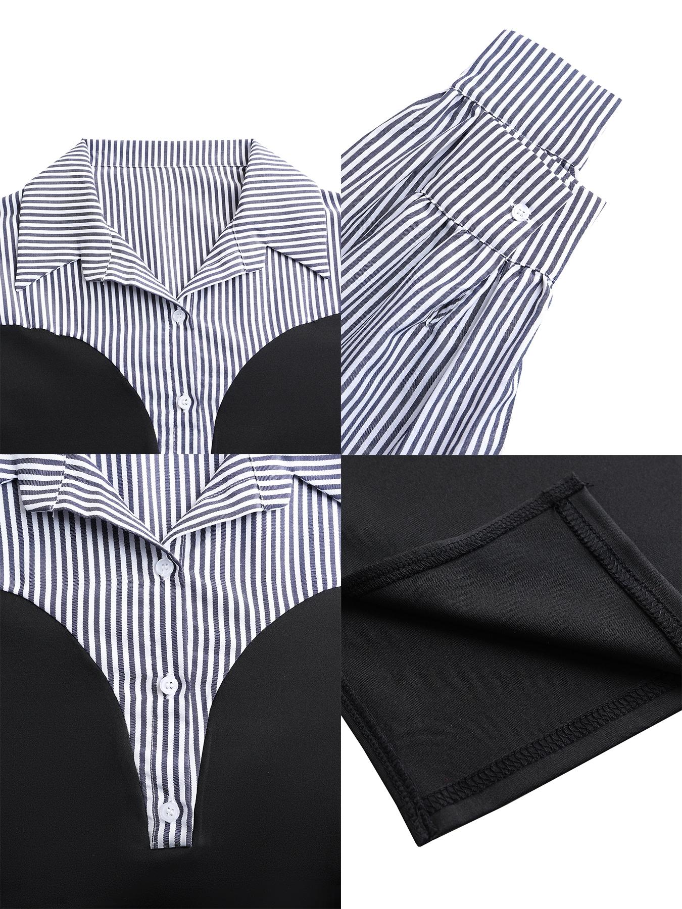 Women's Elegant Striped Patchwork Maxi Dress, Fall Winter Long Sleeve High-Waisted Fitted A-Line Skirt, Casual Daily Wear