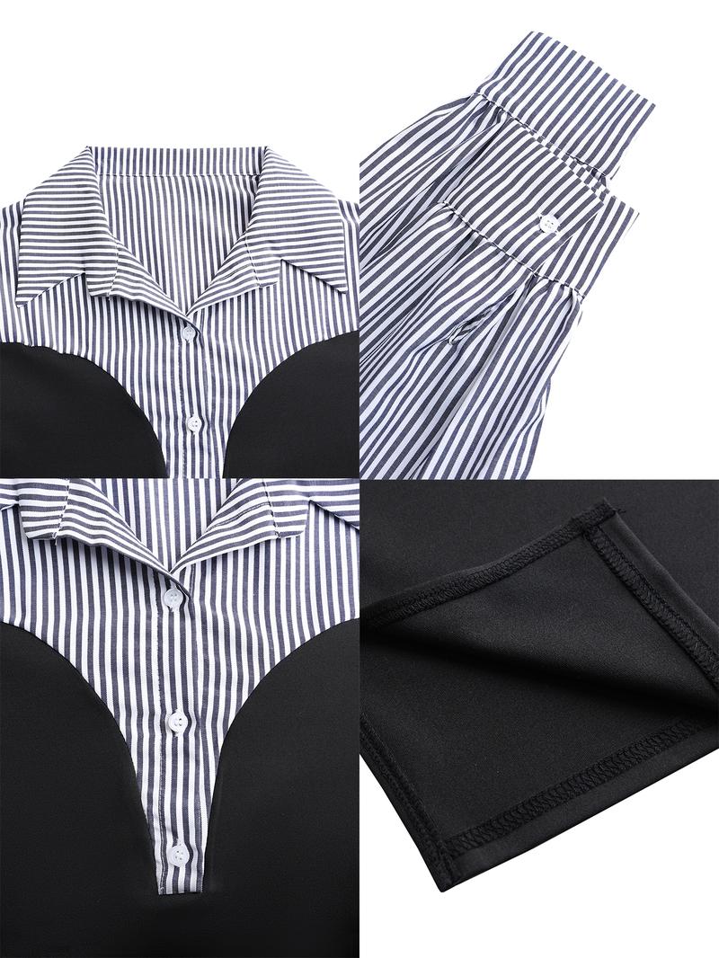 Women's Elegant Striped Patchwork Maxi Dress, Fall Winter Long Sleeve High-Waisted Fitted A-Line Skirt, Casual Daily Wear