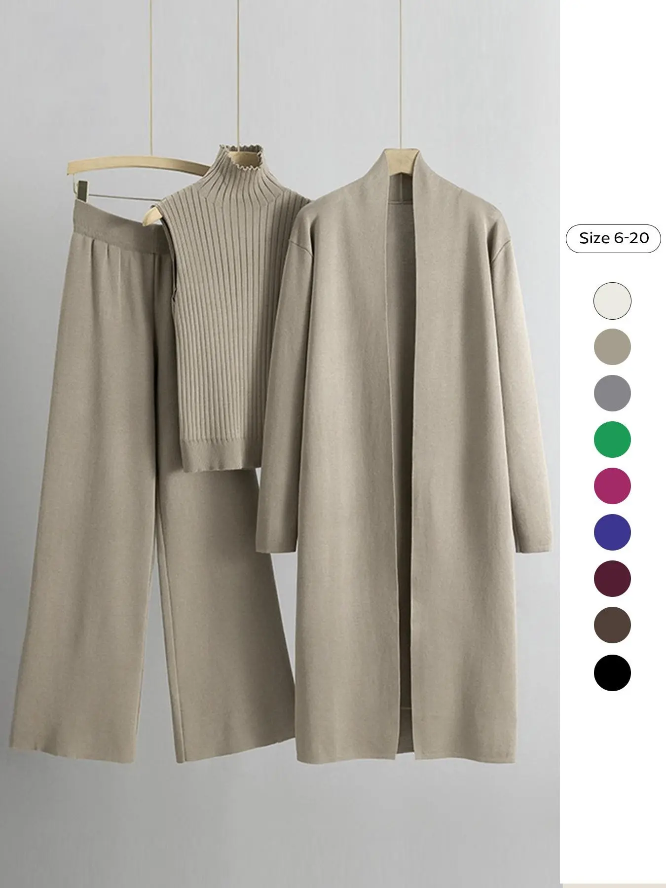 Women's Three-Piece Knit Set, Long Open Front Cashmere Sweater, Sleeveless High Neck Pullover, Ribbed Vest, Wide Leg Pants, Casual#TikTokMadeMeBuyIt #CasualChic#MatchingSet