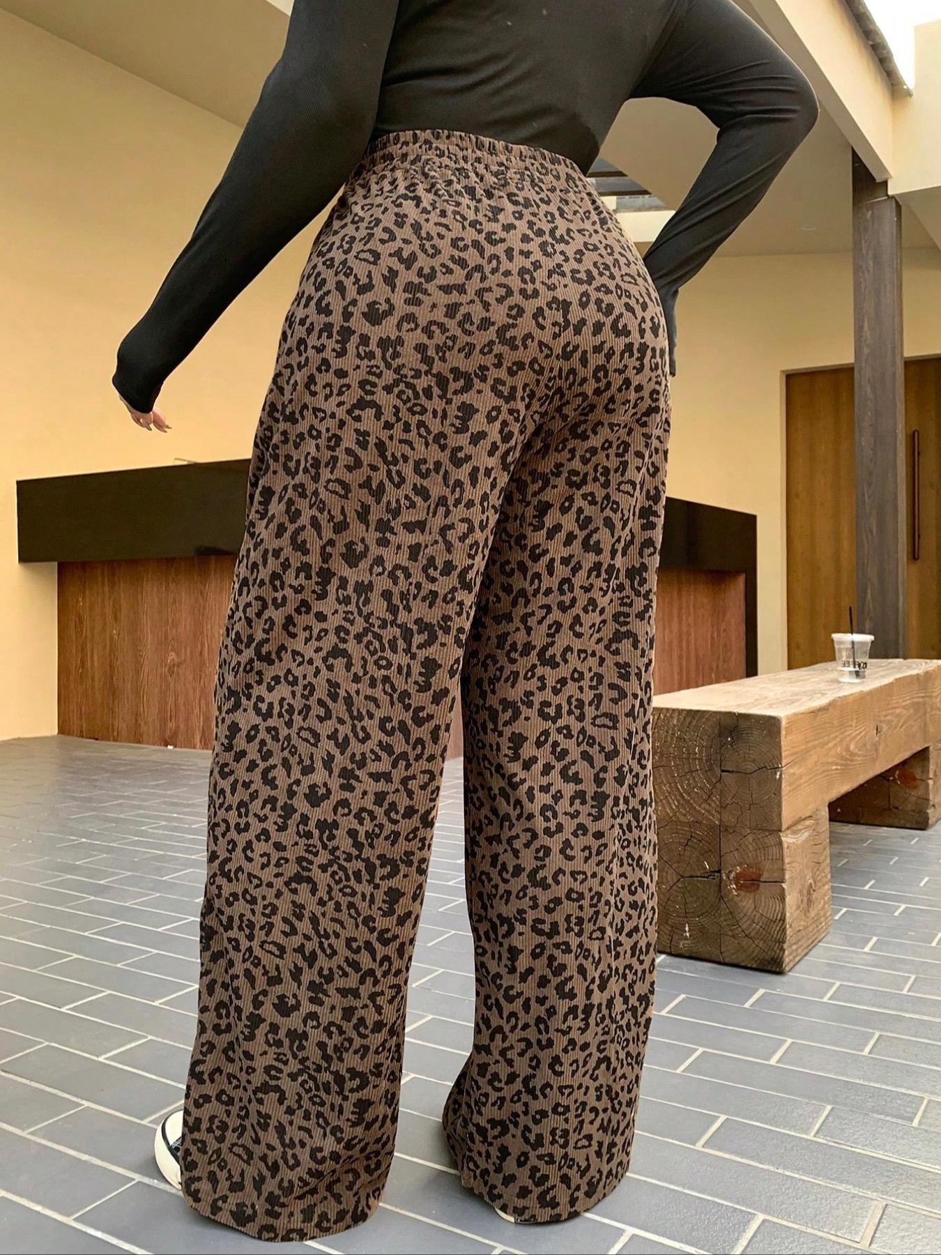 Women's Casual Elastic Waisted Leopard Print Corduroy Loose Fit Pants Bottom, Womenswear, Comfortable and Stylish, Perfect for Daily Wear, Everyday, All Season, Back To School Clothes Fall, Trouser, Casual Fashion Bottoms