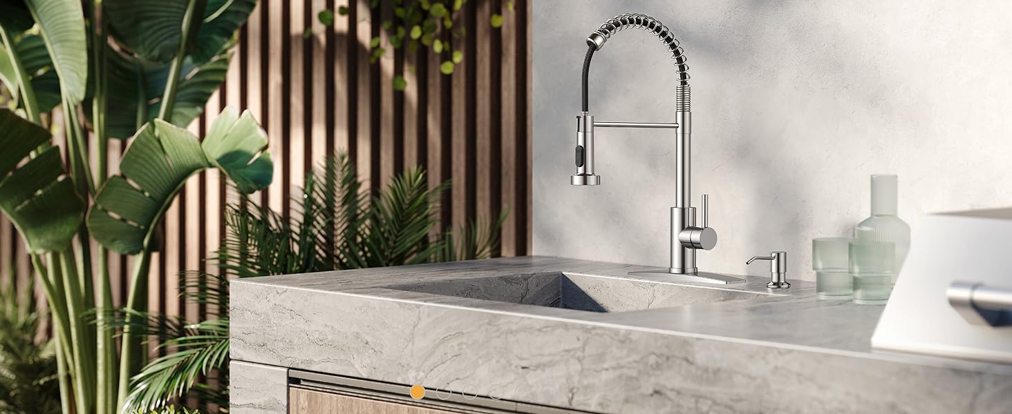 FORIOUS Kitchen Faucet with Soap Dispenser, Faucets with Pull Down Sprayer, Stainless Steel High Arch Spring Sink Faucet for Laundry Sink RV Bar