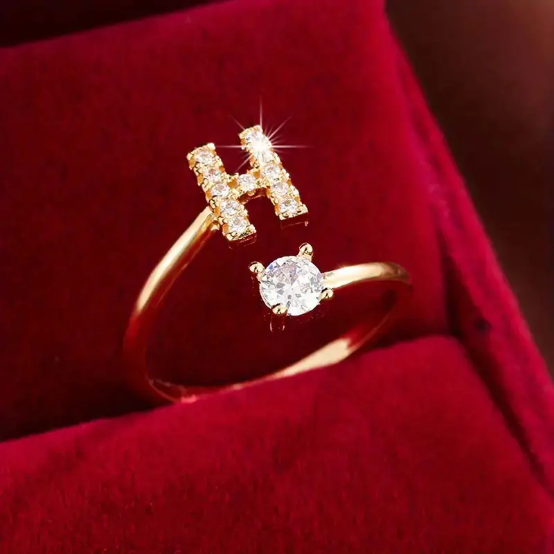 Exquisite Trendy Minimalist Adjustable Initial Letter Zircon Crystal Artificial Gemstone Ring - 26-Letter Band, Unisex Fashion Rings, Anniversary Gift for Him, Adult Jewelry Accessory for Everyday Wear