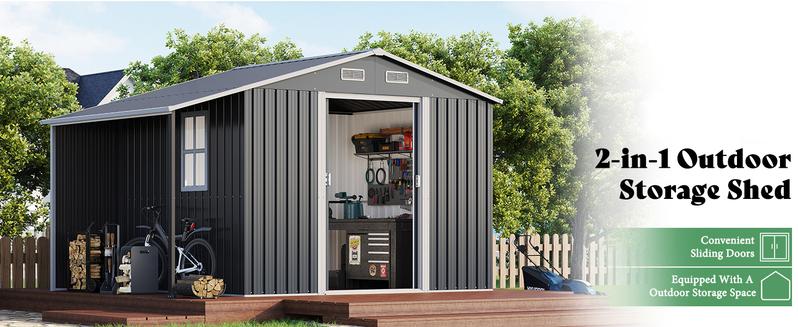 [Ships in Multiple Boxes]  VanAcc Outdoor Storage Shed with Two 4-Pane Windows Sliding Doors, Open Outdoor Shed for Wood Storage, Dark Grey/White
