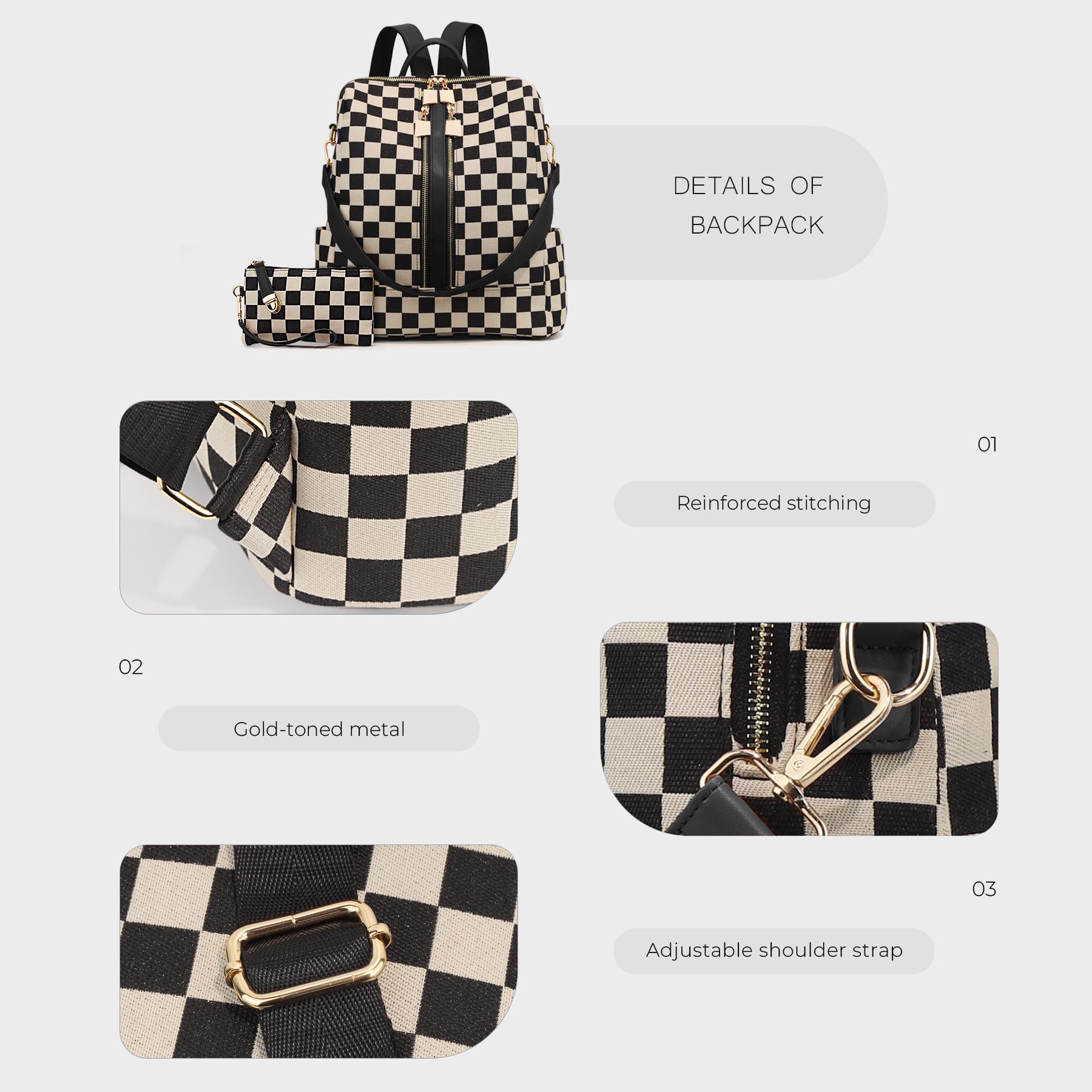 Checkerboard Pattern Backpack Set, Women'S Vintage Trendy Casual Large Capacity Zipper Travel Backpack & Wristlet, Multifunctional Bag Set For Daily Use