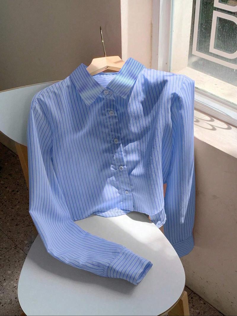 Women's Striped Print Shirt, Casual Comfy Shirt, Casual Long Sleeve Collared Top for Daily Wear, Ladies Clothes for All Seasons