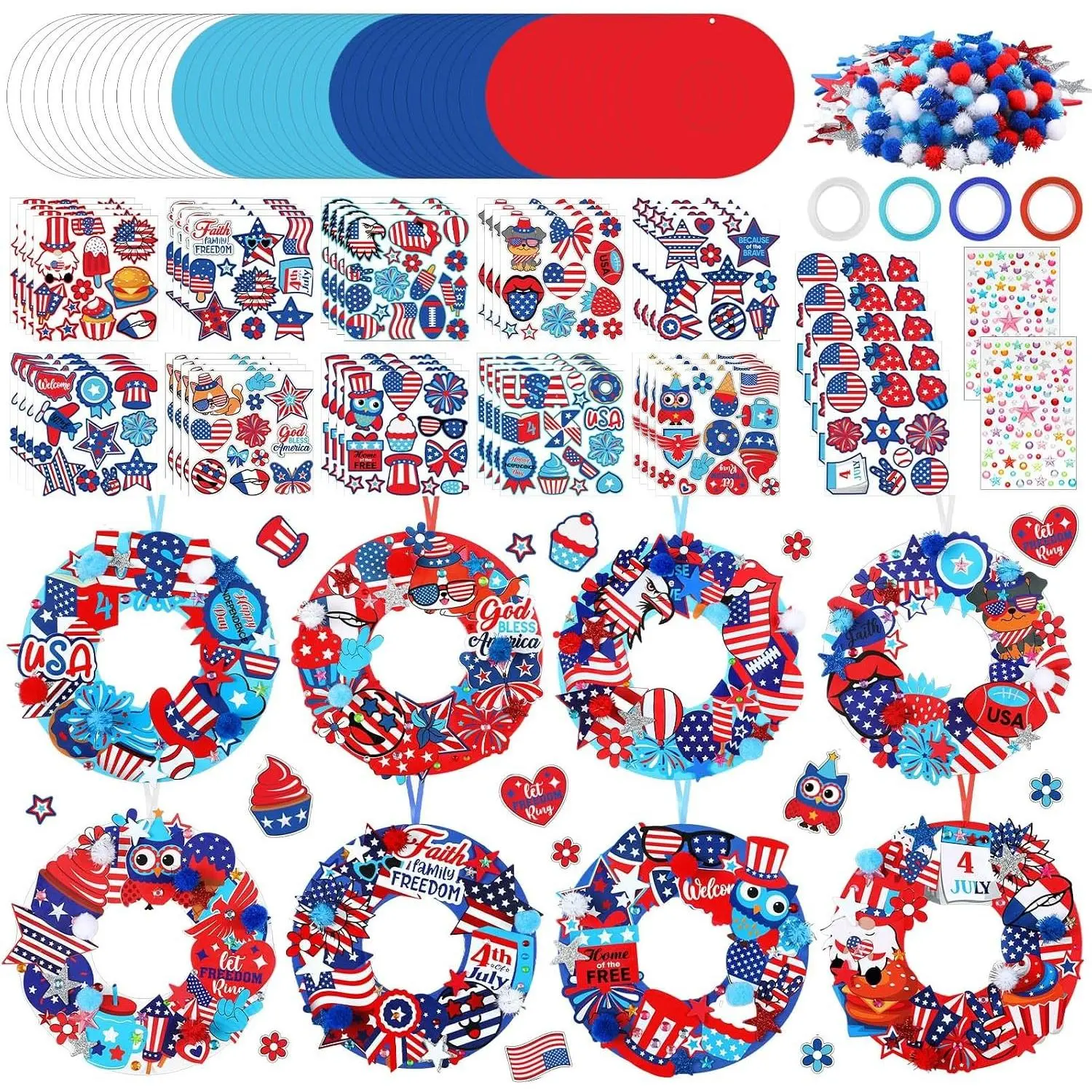 48 Sets Patriotic Wreath DIY Craft Kit 4th of July Paper Crafts Hanging Ornaments Decor for 250th Anniversary Memorial Independence Day Art Activity Home Supplies