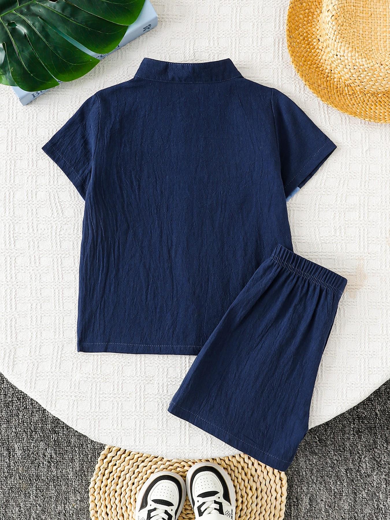 Boys Summer Fashion Set, Three-Color Striped Button-Up Shirt & Lightweight Breathable Shorts, Casual Daily Outdoor