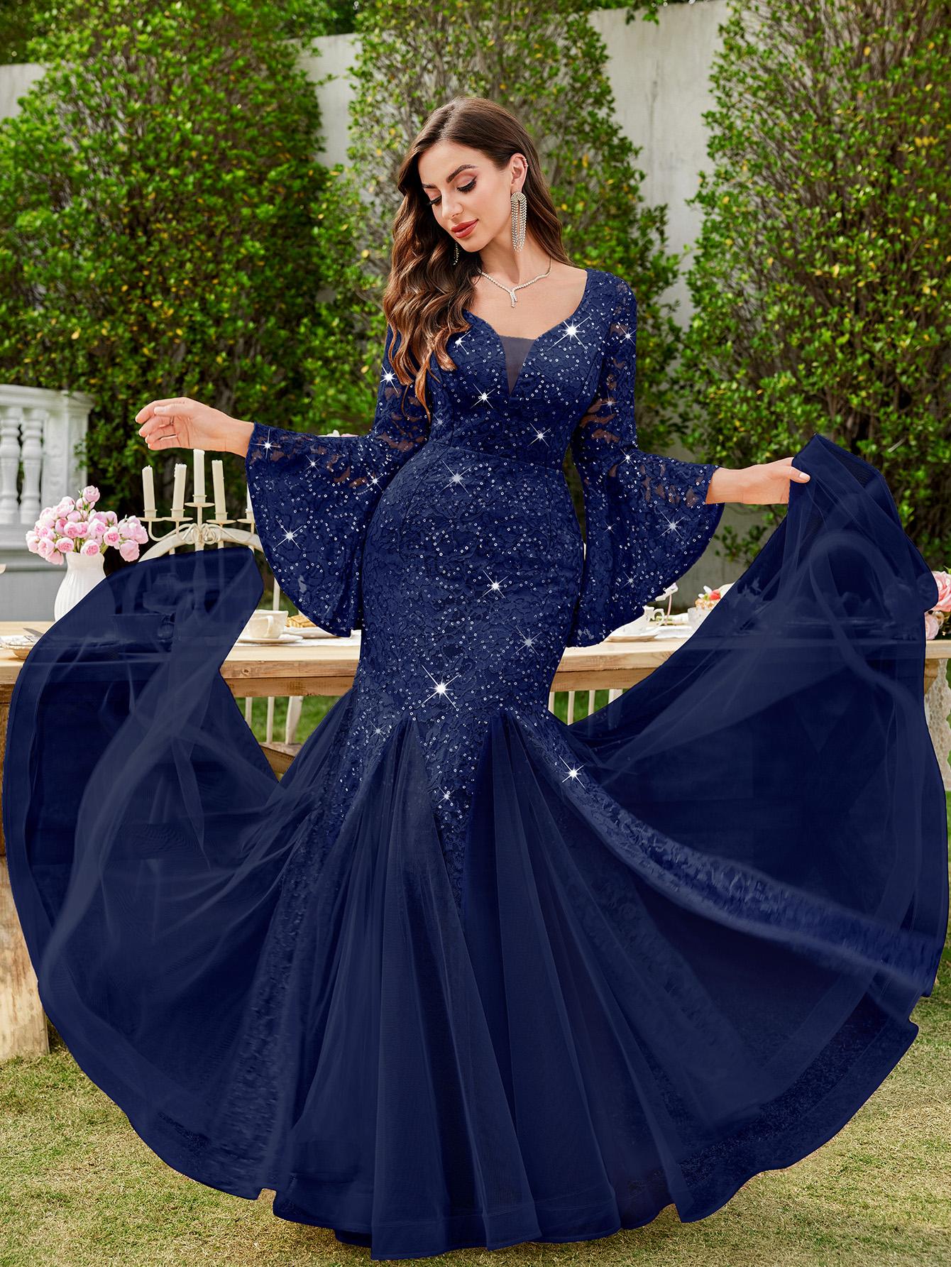 MIUSOL 24351A Women's Deep Vneck Sequin Lace Mesh Tulle Hem Long Sleeve  Formal Evening Maxi Dress for Cocktail Parties & Banquets, Party, Festival Womenswear