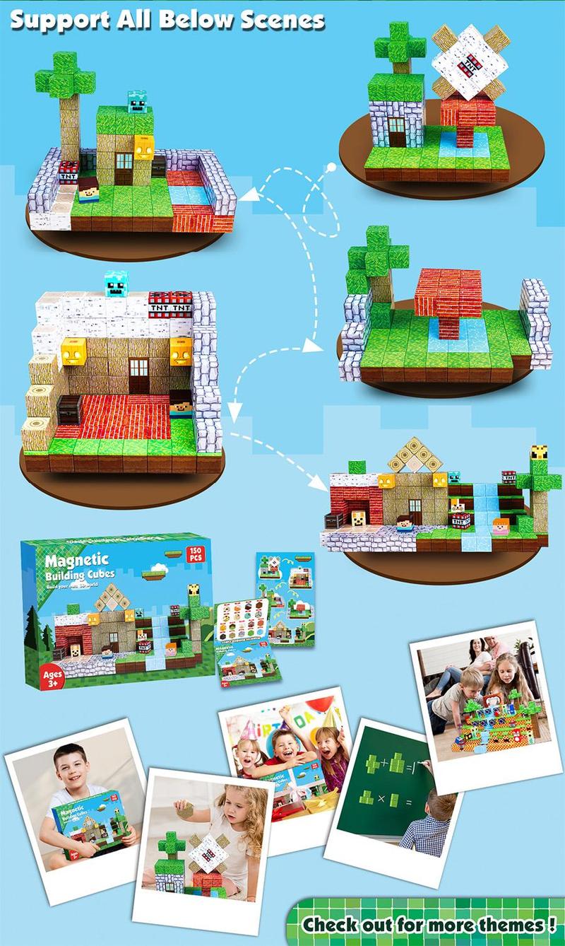 Magnetic Blocks-150PCS Magnetic Building Blocks Magnetic Tiles Stacking, Build Mine Magnet World Set, STEM Montessori Sensory Toys magnet blocks Craft Outdoorfun Durable