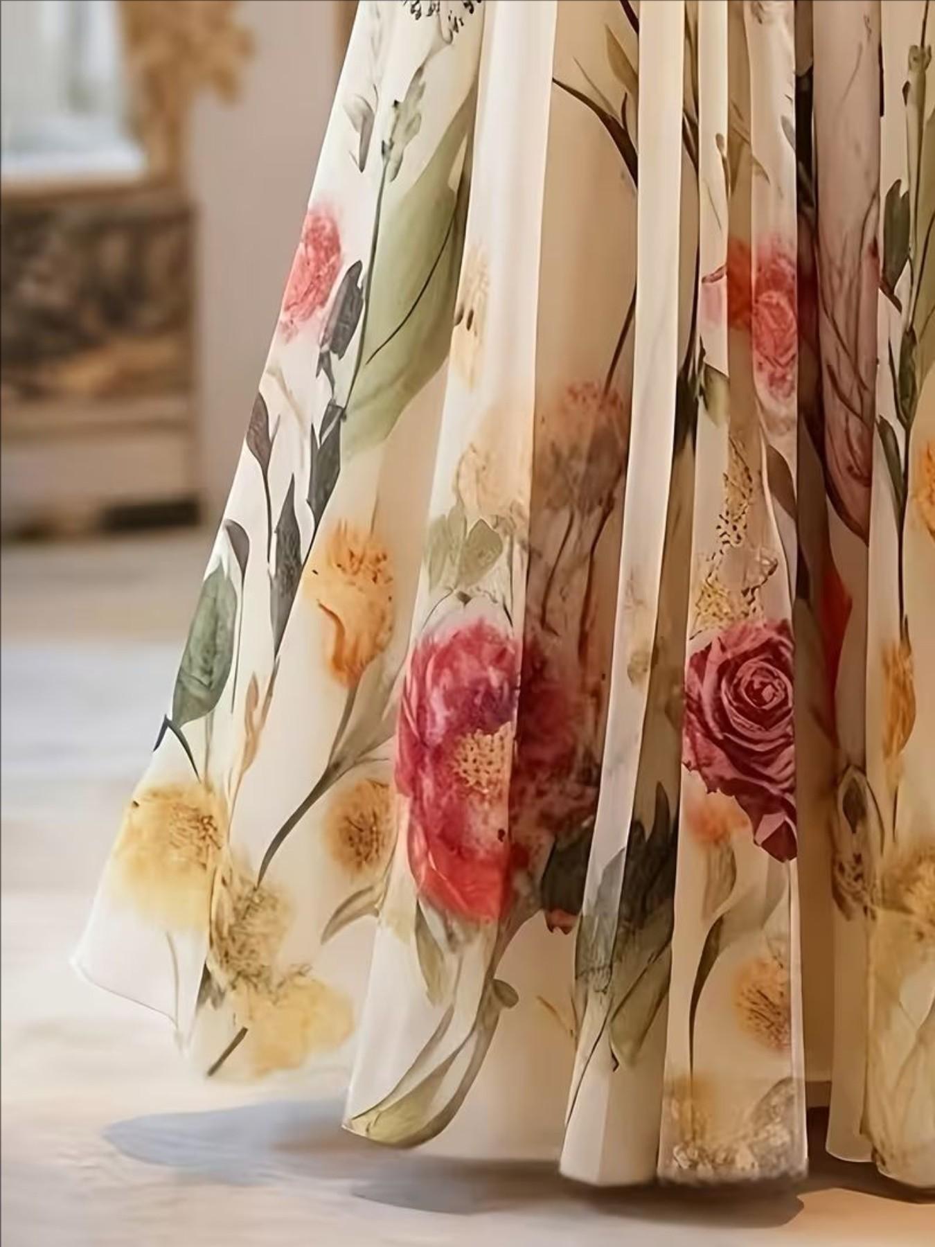 Women's Floral Print Long Skirt, Sheer Mesh Material, Elegant Half-Length Dress, Perfect for Casual & Special Occasions