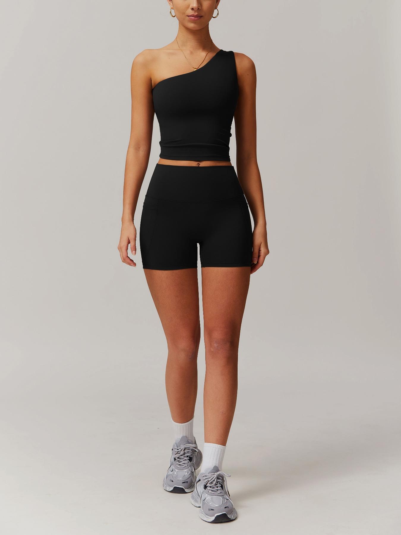 Women's Solid  Crop Top & High Waist Skinny Shorts Tracksuit Set, Casual Comfy Breathable Sportswear Set for Yoga Gym Workout Running, Ladies Sportswear for All Seasons Workout Running Clothes