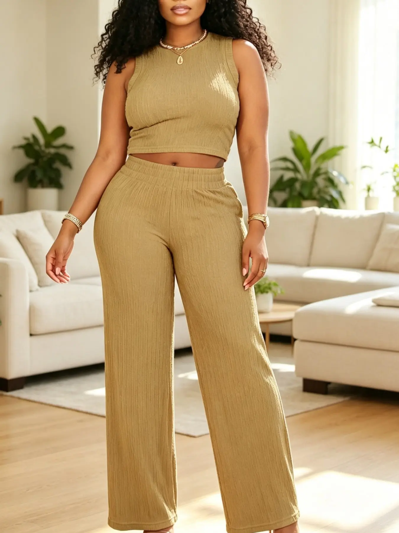 Two-Piece Knit Set, High Stretch Vertical Stripe, Sleeveless Crop Top + Elastic Waist Wide Leg Pants, Casual Summer for Women