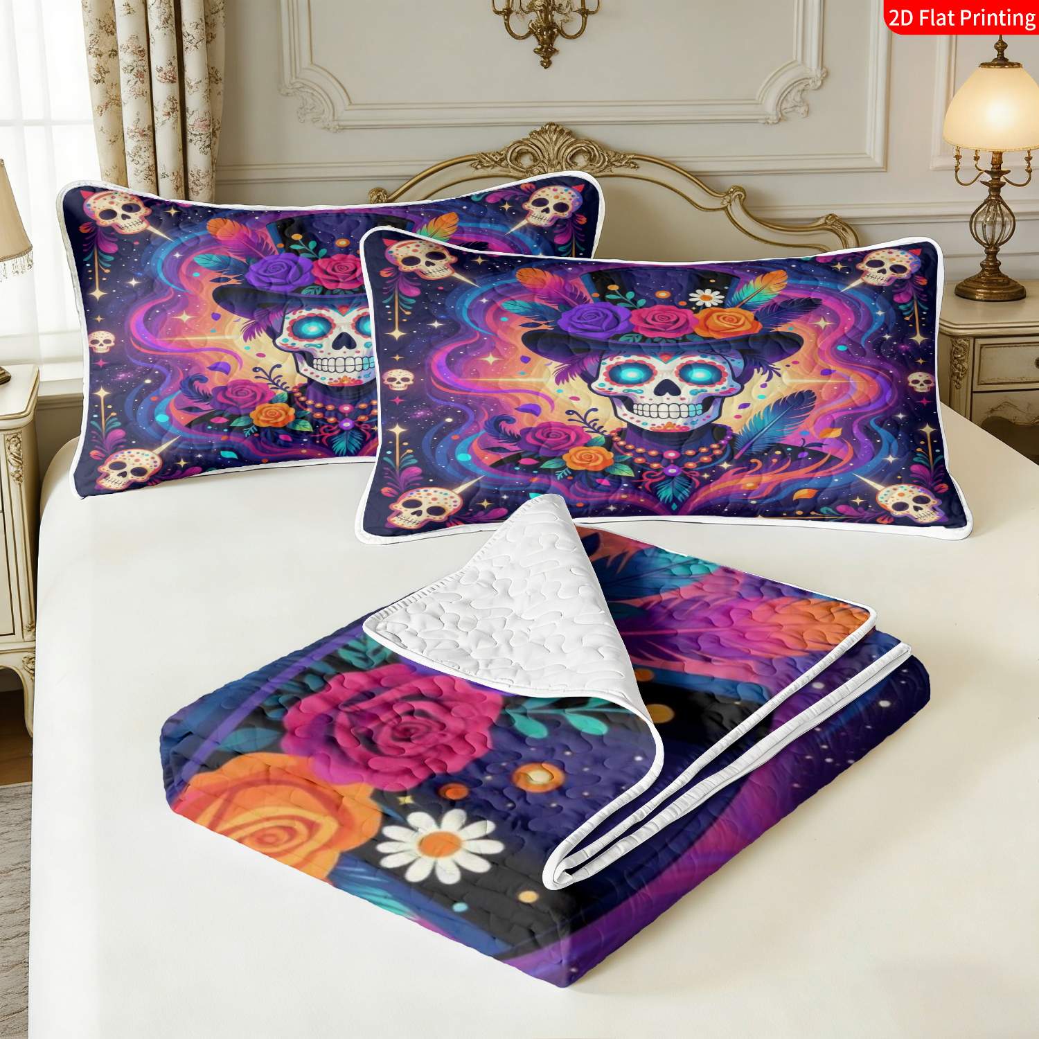 3 pcs, 2D Flat Print Day of the Dead Skull Art Bedspread Set, Soft and Comfortable, Multiple Sizes Available, Suitable for Gifting and Daily Use, Ideal for Creating a Cozy Home Atmosphere(1 bedspread , 2 pillowcases)