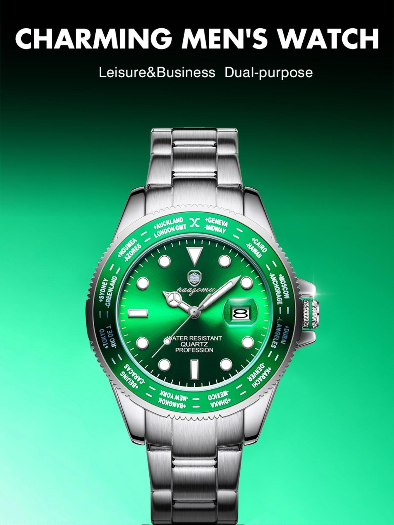 Paazomu Sport Men's Watch, Quartz Analog Display, Waterproof & Luminous, Stainless Steel Band, Casual Style, Ideal Gift