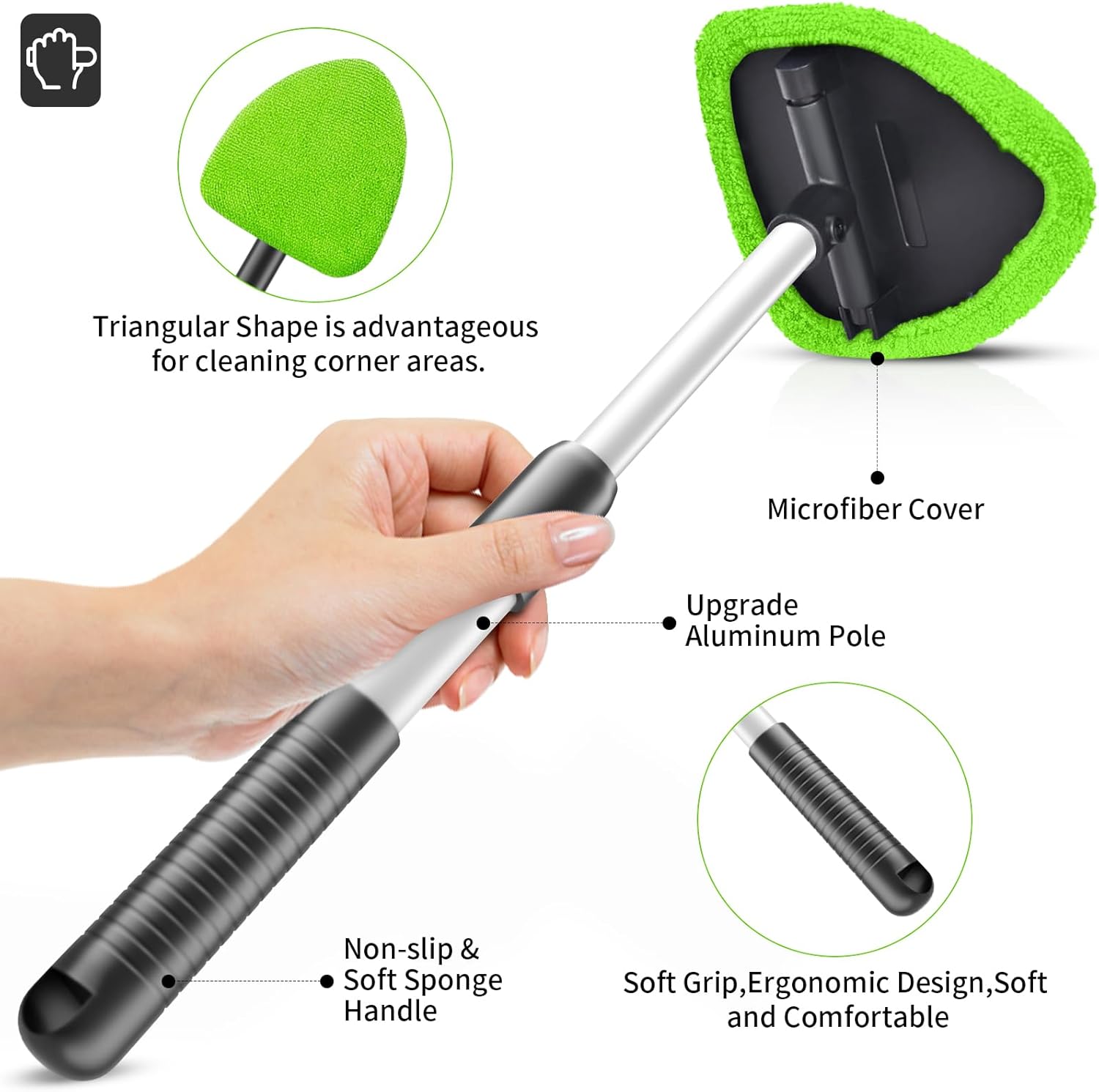 Windshield Cleaner Tool - Extendable Handle Auto Glass Wiper Kit with 4 Reusable Washable Microfiber Pads! Perfect for Car Interior & Exterior, Cleans Dirty Windows Easily. Green Wand + Cloth Pads, Must-Have Car Cleaning Brushes for Spotless Glass