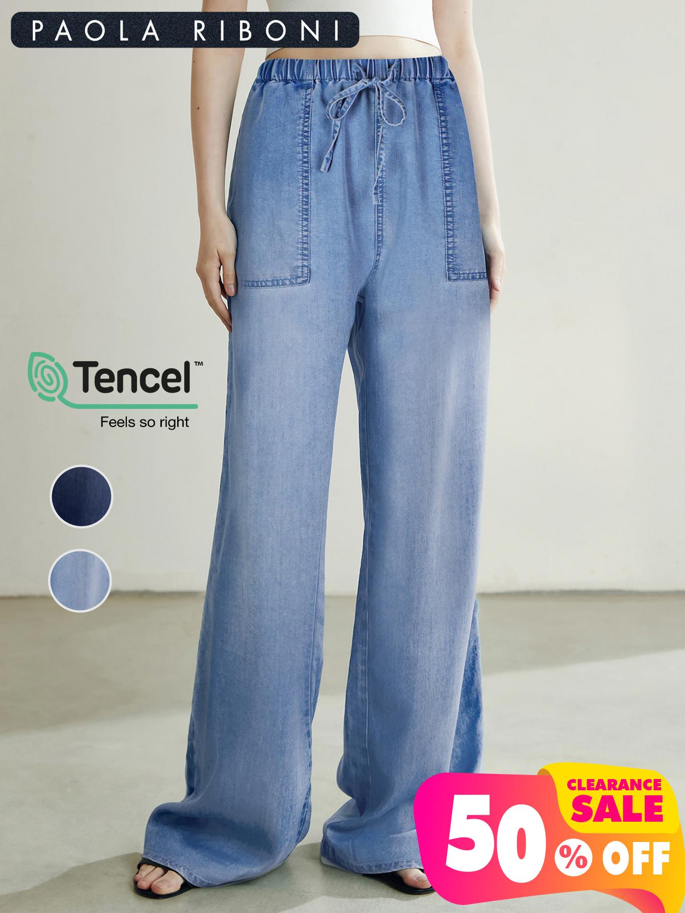 Women's Thin Silk High Waisted Denim Loose Drawstring Pants, Casual Style, All Seasons, Plain Pattern, Comfortable and Stylish