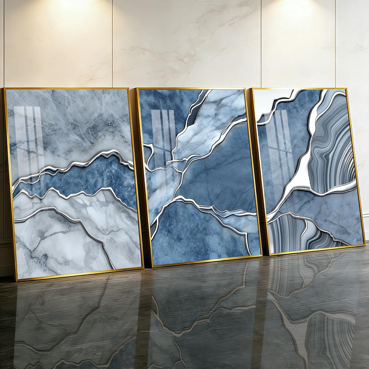 3 Counts Aluminum Alloy Framed Painting, Abstract Blue Marble Texture Art Pictures, Home Decoration For Living Room, Bedroom, Office, Restaurant, Hallway Wall Decor, Odorless Print Artwork, Luxury Perfect Gift For Friends And Family