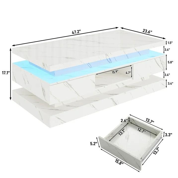 LED Coffee Table with 2 Storage Drawers, Modern High Gloss Black Coffee Table w/20 Colors LED Lights, 2 Tiers Rectangle Center Table for Living Room with Marbling Print, APP Control, Black/White