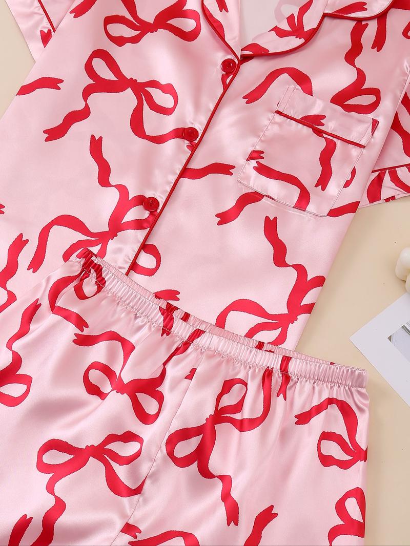 Elegant Women's Pajama Set, Bowknot Print Short Sleeve Top & Elastic Shorts, Valentine's Day Homewear, Casual Sleepwear