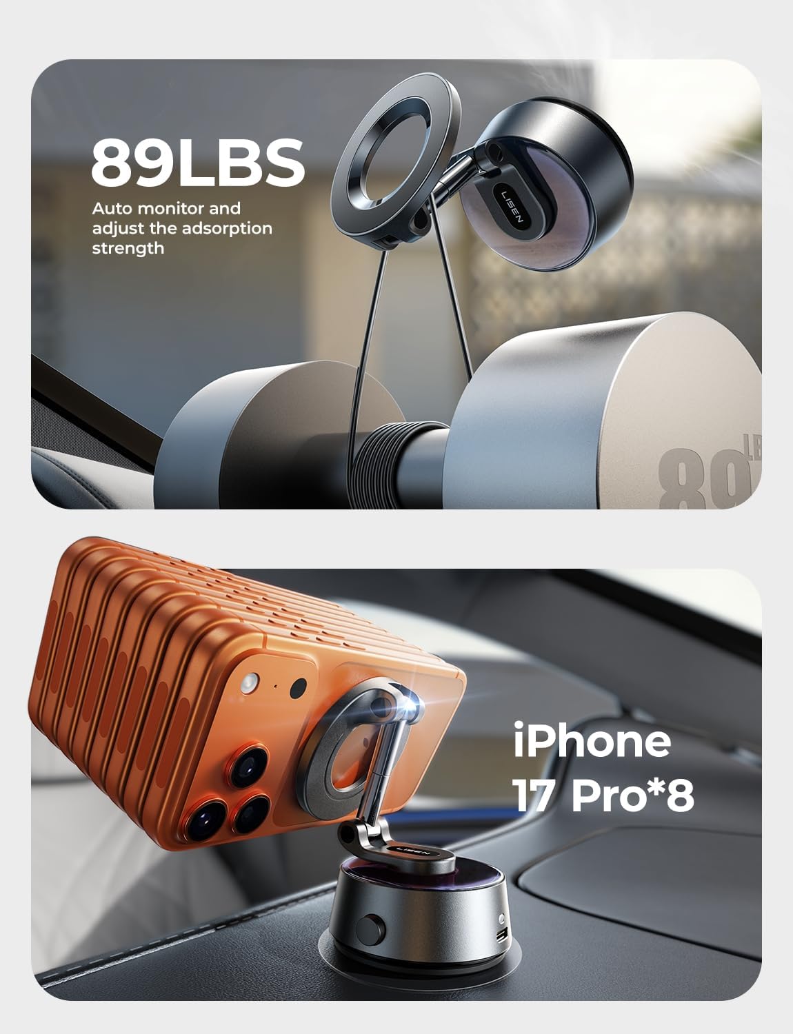 LISEN Upgraded Vacuum Magnetic Electronic Suction Car Phone Mount Holder for Car Gym Mirror Shower Smooth Surface 360 Adjustable