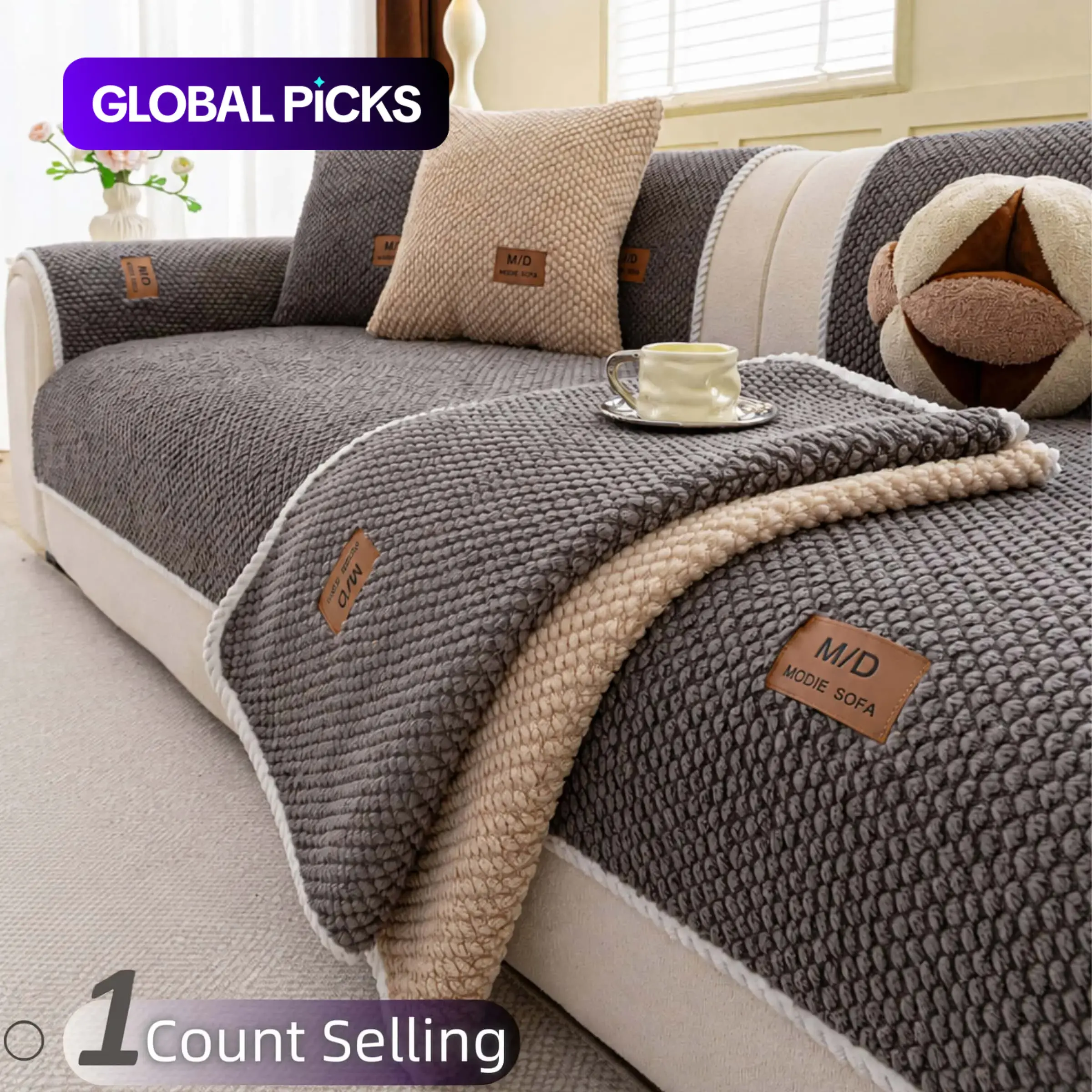 Thick Plush Sofa Cover, Non-Slip Washable Pet-Friendly Anti-Scratch Soft Sofa Protector for Sectional, Loveseat and 3-Seater Sofa, Living Room Decor, Thick Couch Cover, Washable Sofa Covers #GLOBAL PICKS