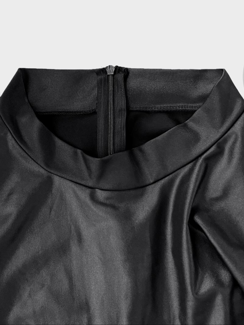 Women's Leather Split Dress, Round Neck Long Sleeve Slim Fit Bodycon, Black Fashion Festival Wear, All Seasons Woven Fabric