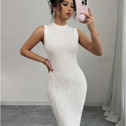 Women Curve Knit Jacquard Hooded Sleeveless Midi Dress, Slim Fit Knee Length Unlined Solid Elegant Daily Vacation Dress, Bodycon Sundress