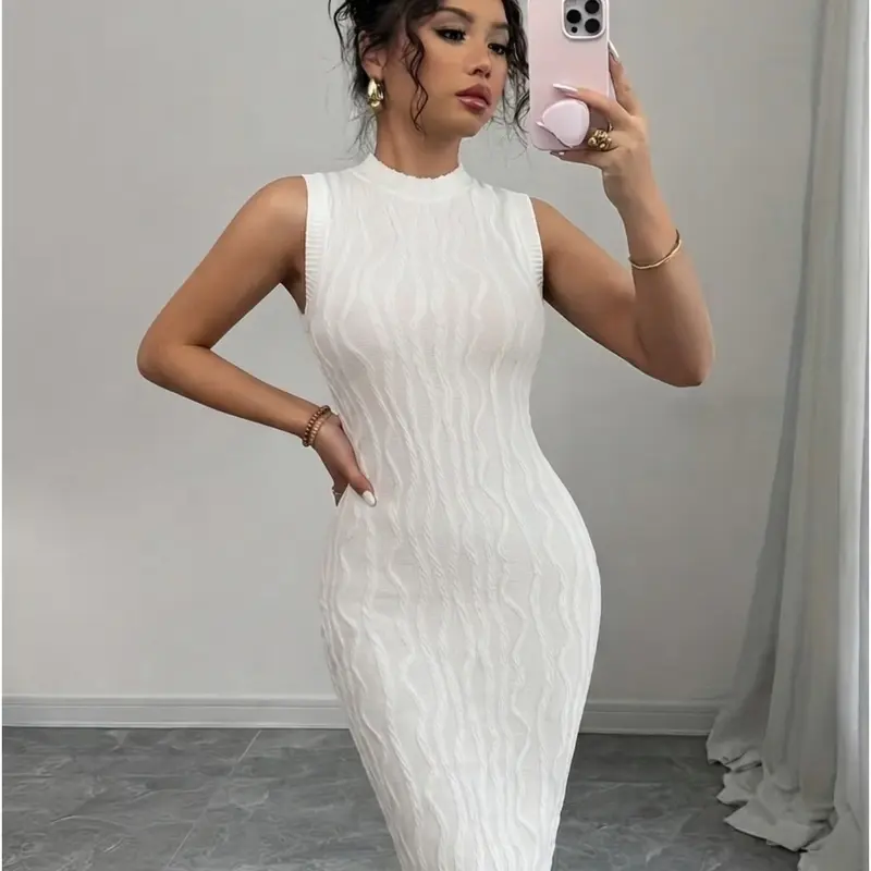 Women Curve Knit Jacquard Hooded Sleeveless Midi Dress, Slim Fit Knee Length Unlined Solid Elegant Daily Vacation Dress, Bodycon Sundress