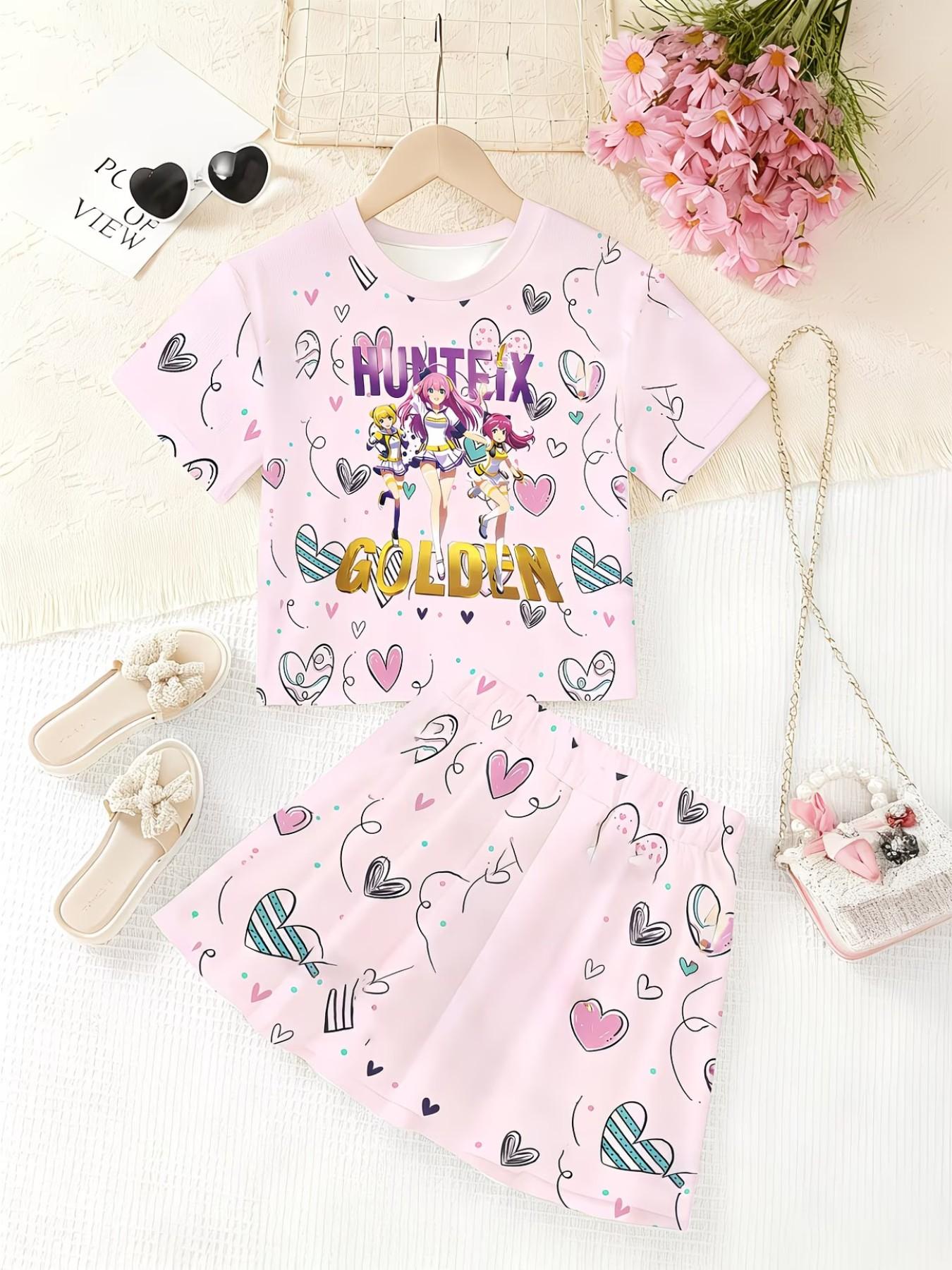 Girls' 3D Heart Print Cartoon Top and Skirt Set, Summer Casual, Slim-Fitting Round Neck Short Sleeve, Two-Piece Ensemble