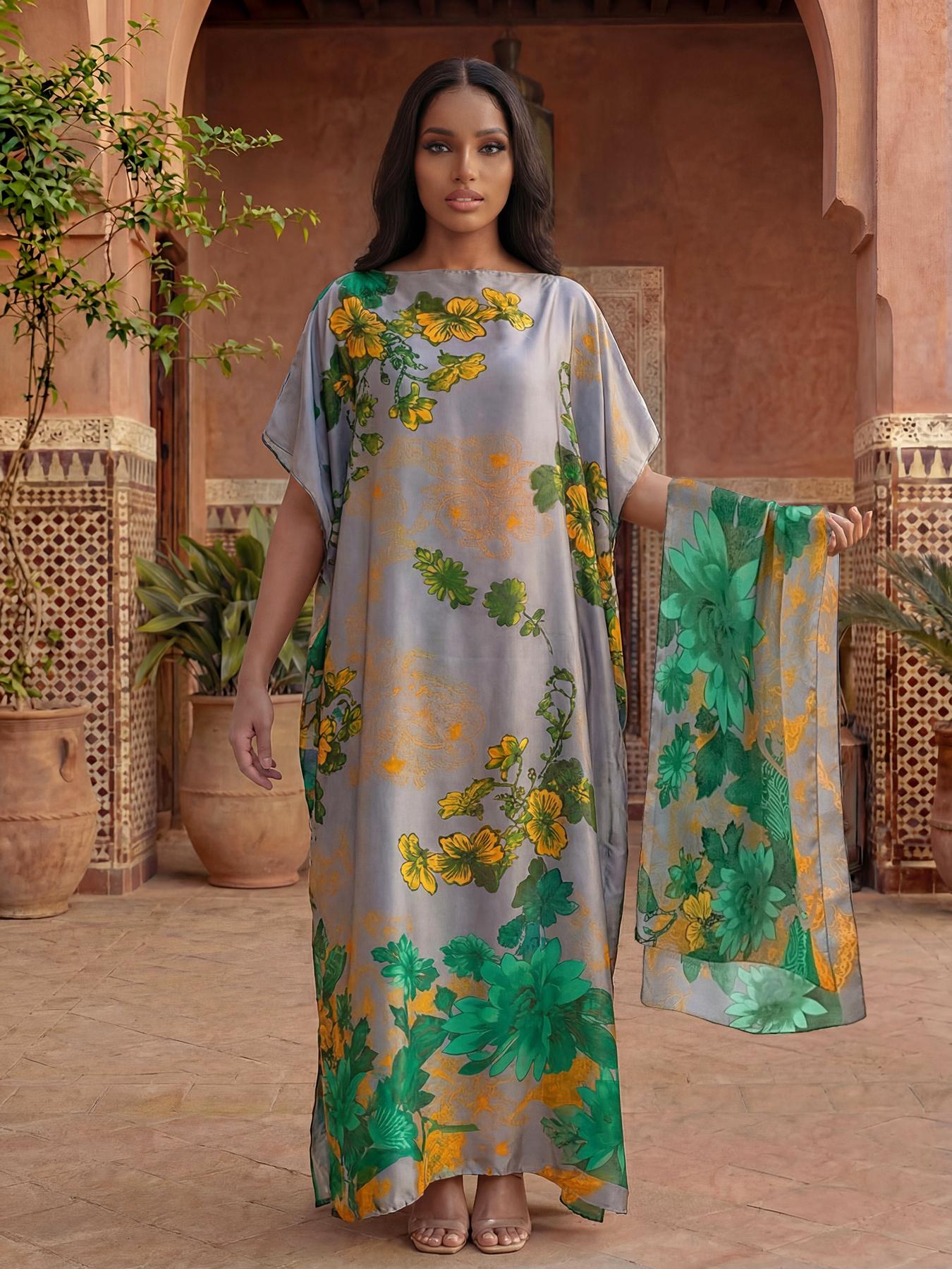 Women's Spring Summer Floral Pattern Robe & Thin Loose Fit Shawl Set, Casual Beach Sun Protection Satin Scarf