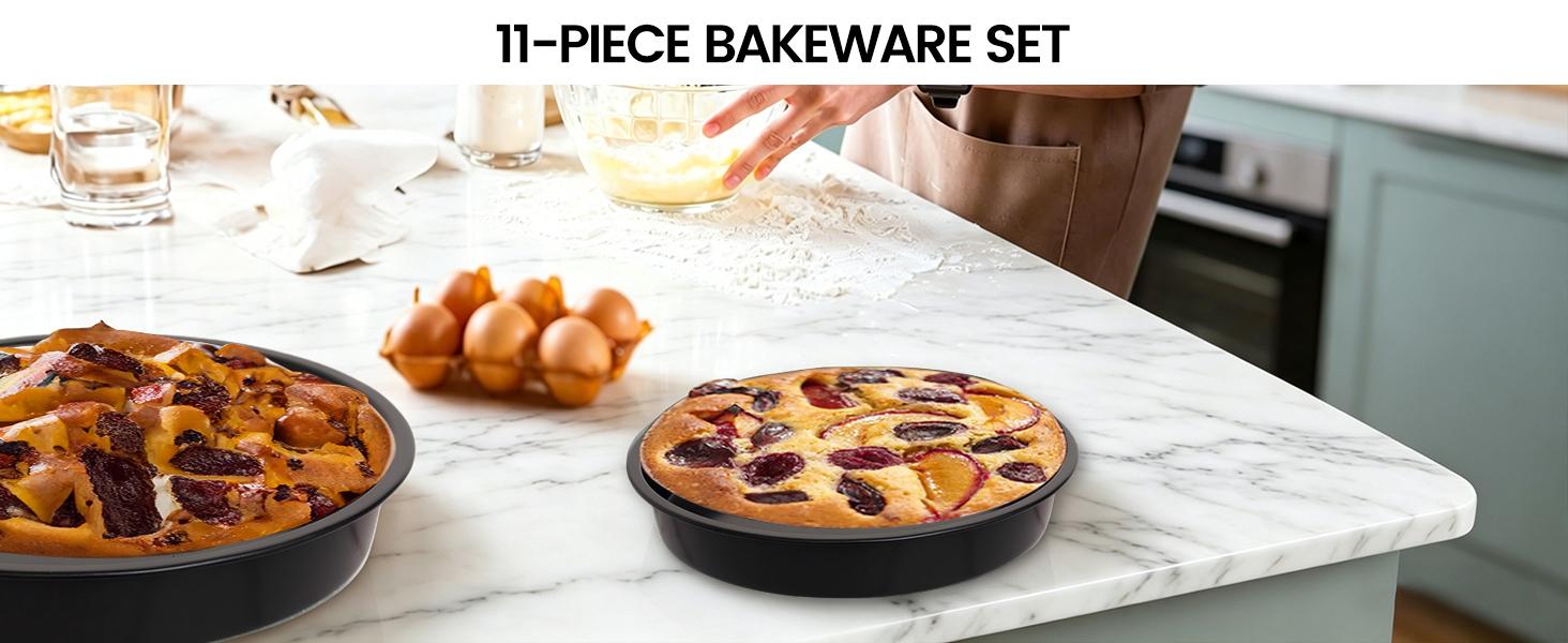 11-Piece Nonstick Baking Pans Set - Professional Grade Carbon Steel Bakeware with Premium Coating- Dishwasher Safe, Stackable, Oven Safe to 450 ° F (Black)