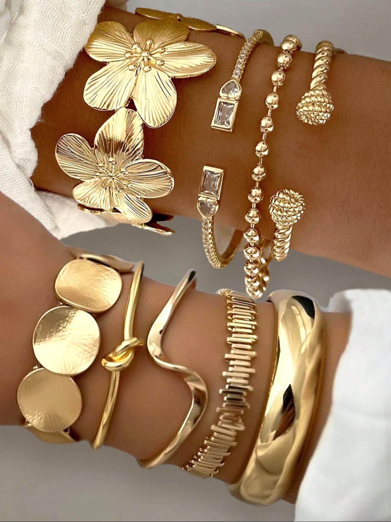 Women's Chunky Vintage Elegant Flower Geometric Link Bracelet Set, Stackable Bracelets, Multi-Layered Design, Fashionable Jewelry Gift for Women