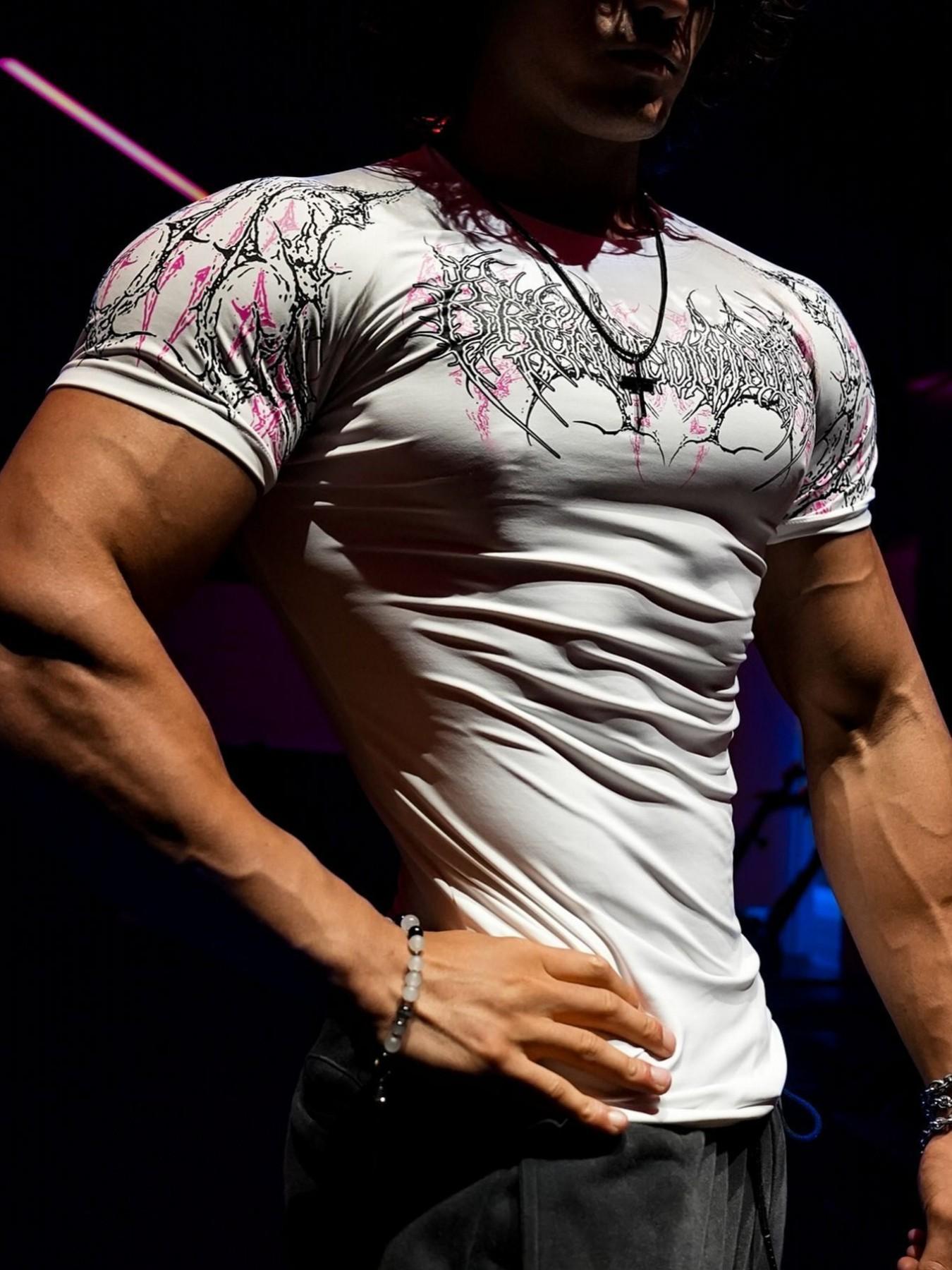 Men's Sporty Short Sleeve T-Shirt, All over Print, Slim-Fitting, Quick-Dry, Ideal for Gym, Running, Streetwear, Casual Daily Wear