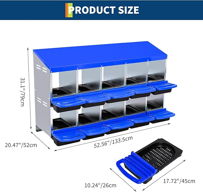 Chicken Nest Box, Rollaway Chicken Nesting Box, 2-Tiers Large Mental Hen Roll-Off Layer Box with Extra Large Openings, Resting Platform, Waterproof Sloped Roof, Easy Clean Removable Tray