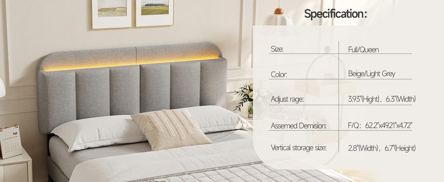 【SPOTLIGHT DAY】ONBRILL Adjustable Headboard for Full/Queen/King Size Bed Frame, Linen Fabric Bed Headboard with Storage & RGB LED Light in Modern Vertical Channel Design