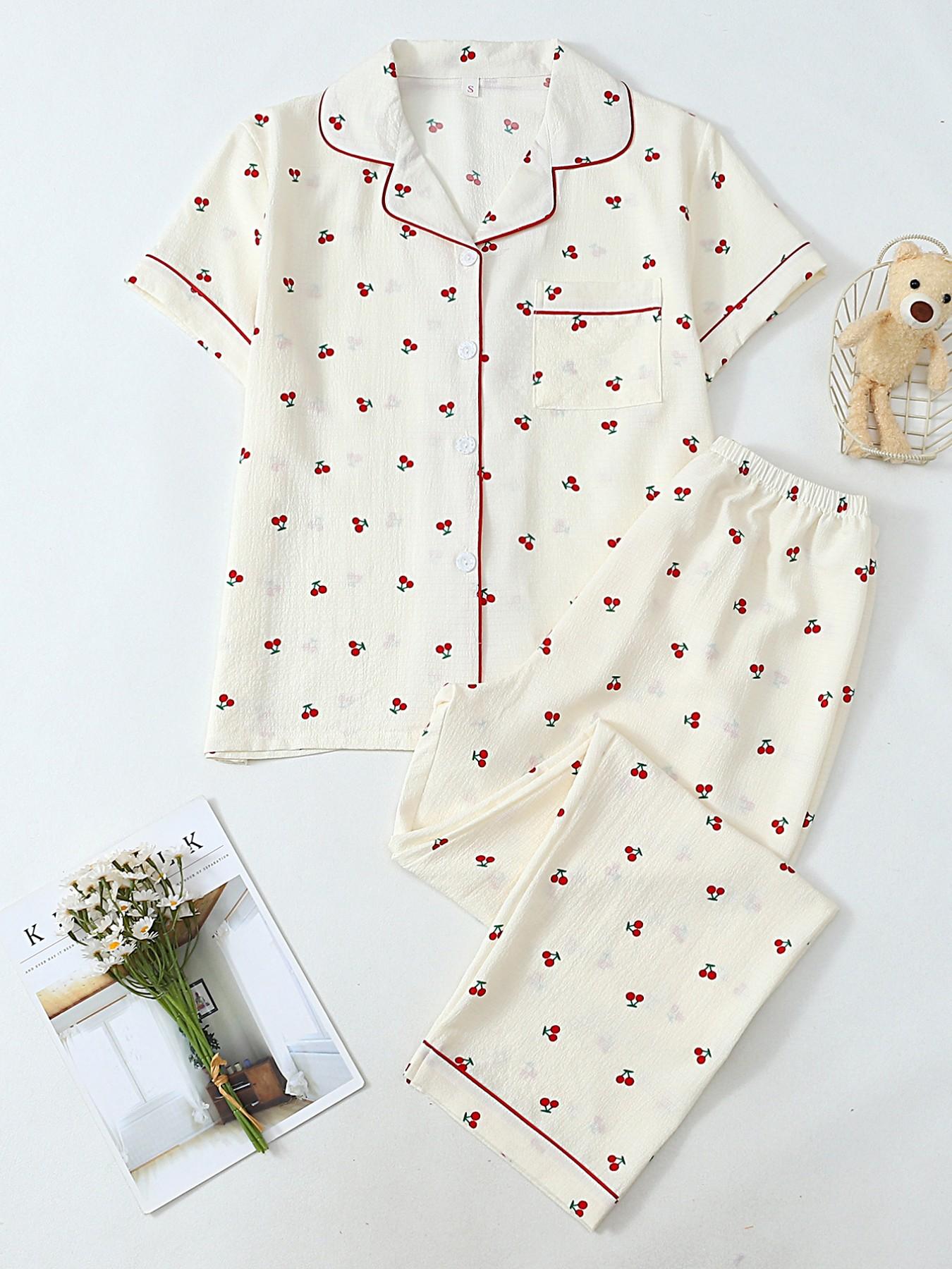 Women's Heart Print Short Sleeve Pajama, Casual Comfy Striped Print Lapel Neck Pocket Shirt & Pants PJ Set, Ladies Sleepwear for All Seasons, Loungewear