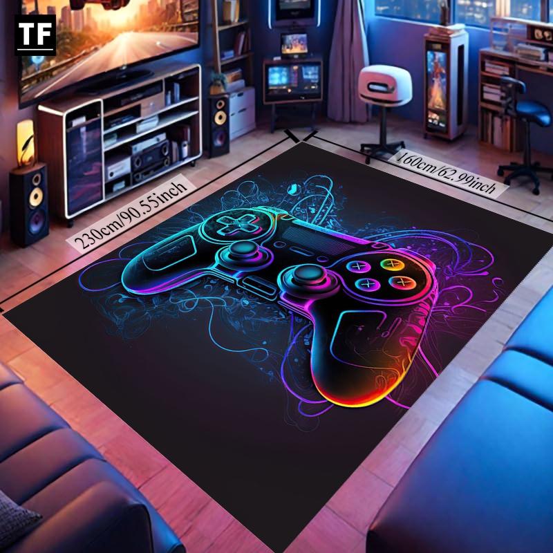 Neon Game Rectangular Carpet: HD Pattern, Double Lock Edge, Washable. Ideal for Bedroom, Living Room & Bathroom. Colorful Game Controller Design, Cartoon Print, Cyberpunk Style. 1pc for Gamers, Xmas Decor, Video Game Rug, Gaming Rugs