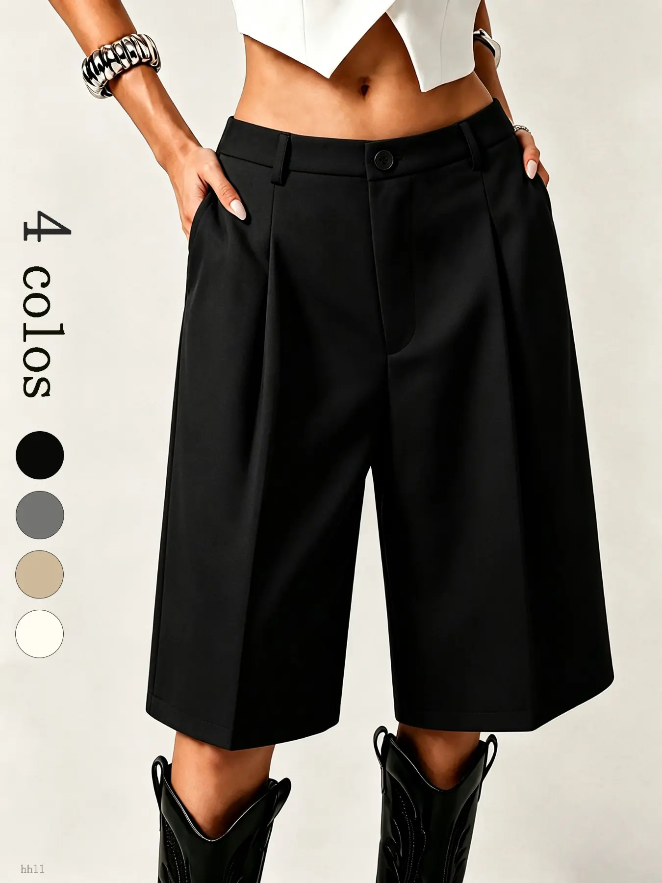 Women's Tailored Knee-Length Suit Shorts with Pleated Wide-Leg Design Casual Fitted Mid-Length Pants for Home, Office, and Outings