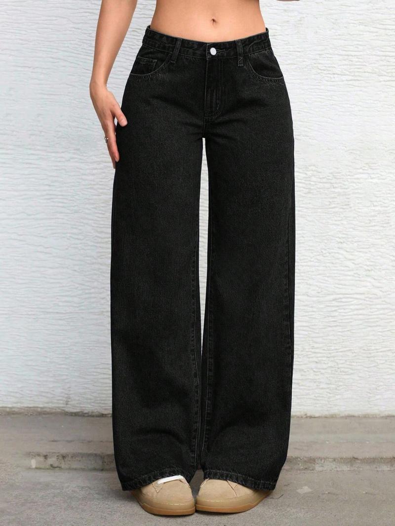 Women's Solid Color Denim Jeans Deep Blue Washed Mid-Waist Straight Leg Pocket Pants, Casual Fashion Daily Wear & Gift Idea