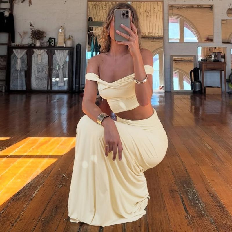 Women's Solid Color Off Shoulder Top & Skirt Two-piece Set, Casual Fashion Cozy Top & Skirt for Daily Outdoor Wear, Ladies Clothes for Summer, Chic Skirt Sets