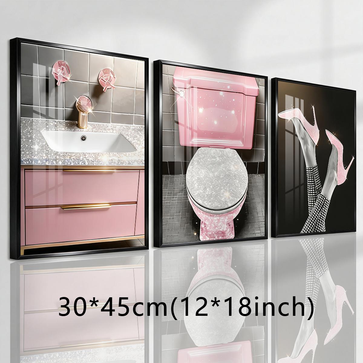 3 Counts Aluminum Alloy Framed Painting, Pink Glam Bathroom And High Heels Art Pictures, Home Decoration For Living Room, Bedroom, Office, Restaurant, Hallway Wall Decor, Odorless Print Artwork, Luxury Perfect Gift For Friends And Family