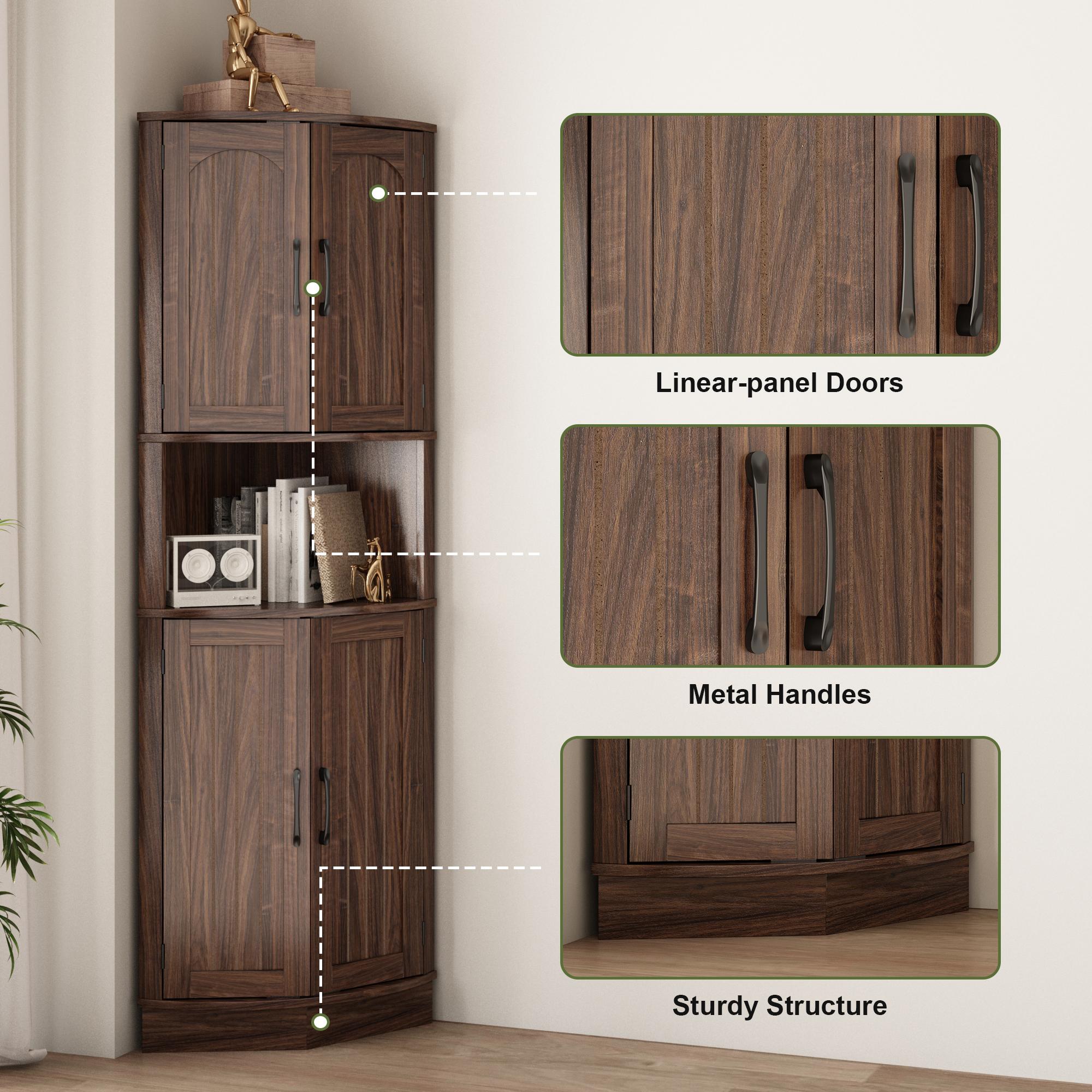 PieDle Furniture Tall Bohemian Rattan Corner Storage Cabinet - 4 Doors, 5 Shelves, 64.7" Height, Ideal for Living Room, Kitchen, Bathroom & Office Organization