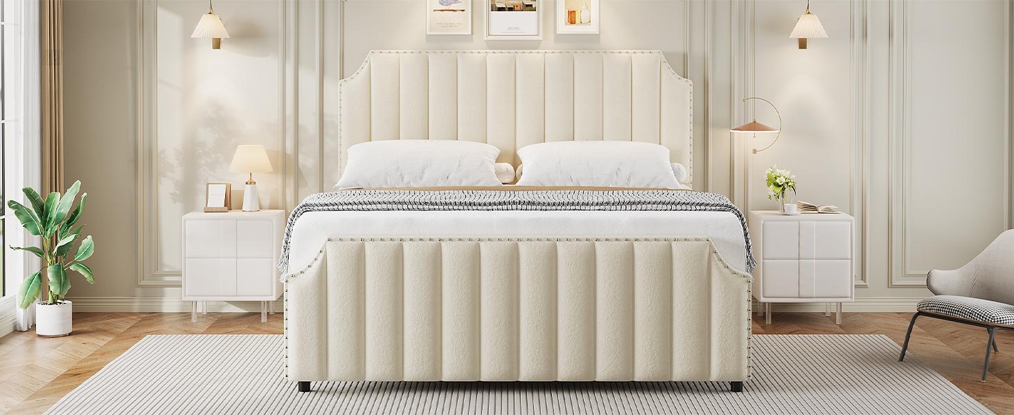 King Size Platform Bed Frame with 50.2" Tall Headboard, Velvet Upholstered Bed Frame King with Vertical Channel Tufted Headboard & Footboard, Nailhead Trim, No Box Spring Needed King Size Platform Bed Frame with 50.2" Tall Headboard, Velvet Upholstered Bed Frame King with Vertical Channel Tufted Headboard & Footboard, Nailhead Trim, No Box Spring Needed