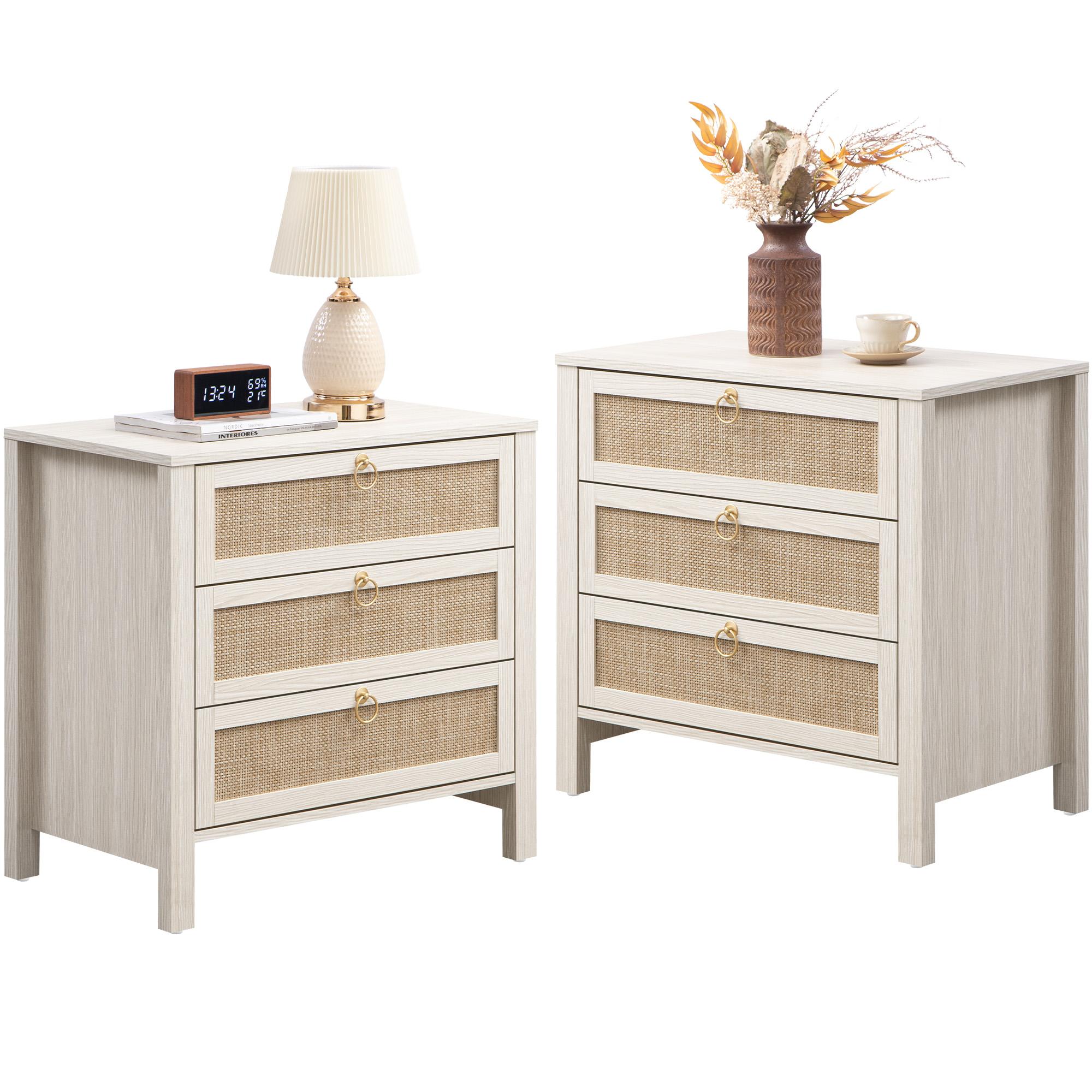 SICOTAS Nightstand Set of 2 - 15.2" x 17.7" x 23.6" Size Elegant Rattan Decor Drawer with Brass Knobs Night Stand Engineered Wood Bedside Table Boho End Tables Side Tables with Storage Shelf for Bedroom and Living Room