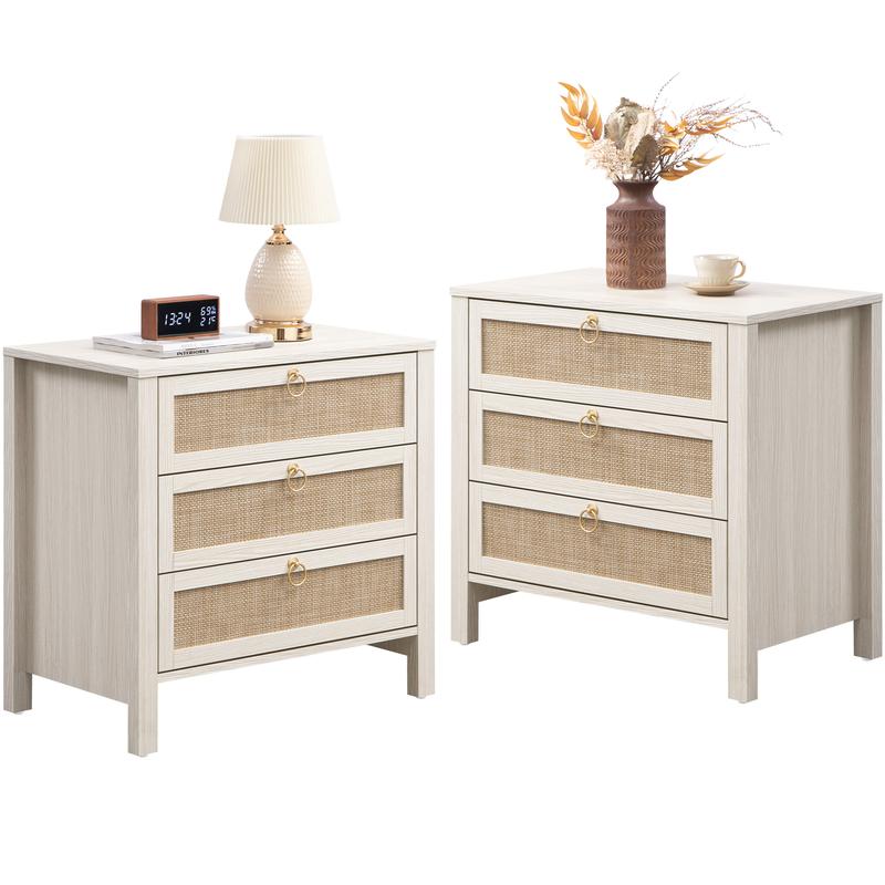 SICOTAS Nightstand Set of 2 - 15.2" x 17.7" x 23.6" Size Elegant Rattan Decor Drawer with Brass Knobs Night Stand Engineered Wood Bedside Table Boho End Tables Side Tables with Storage Shelf for Bedroom and Living Room