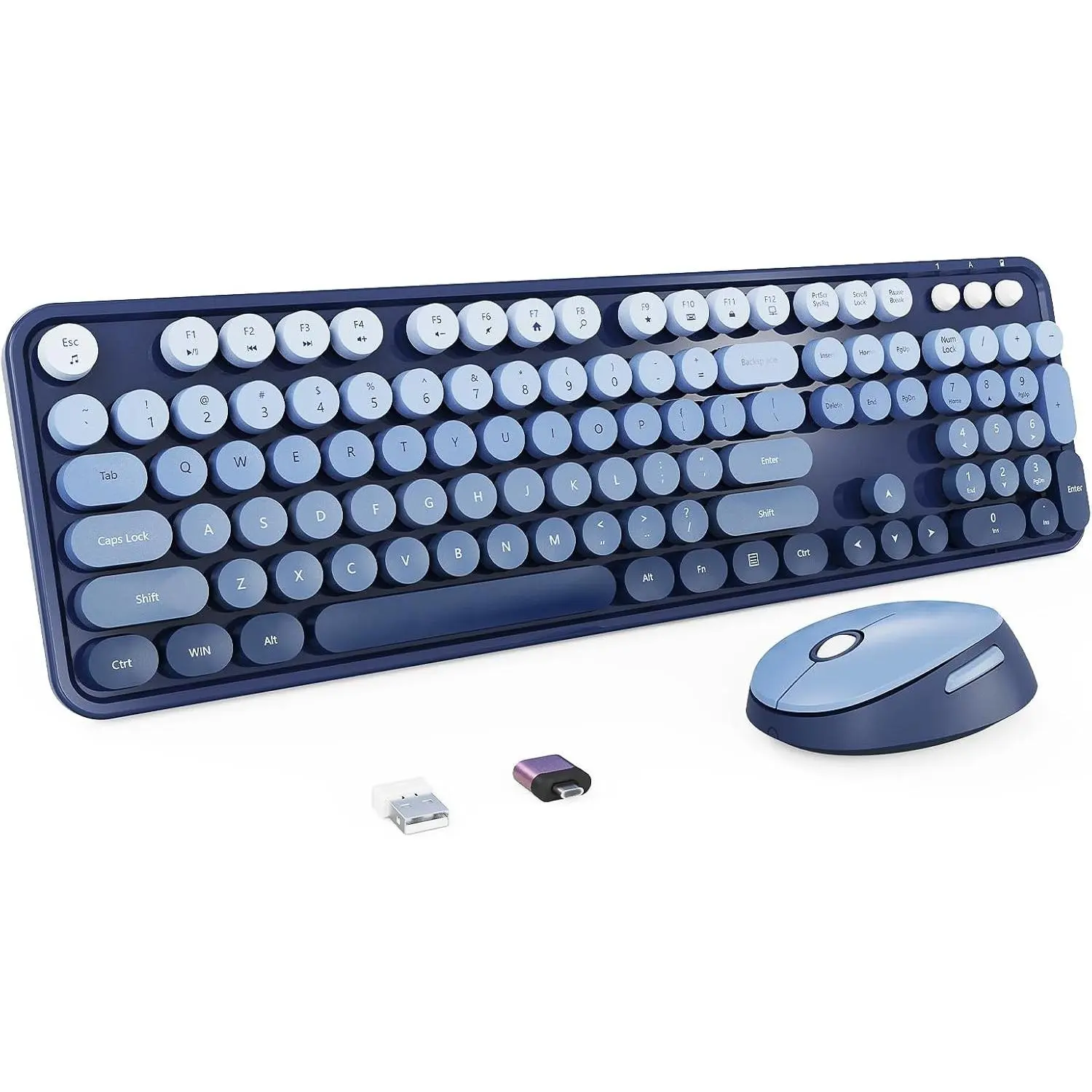 Retro Typewriter Wireless Keyboard and Mouse Combo - Full-Size Ergonomic with Round Keycaps, Blue, Ideal for Windows PC, Home, Office, and CollegeGift