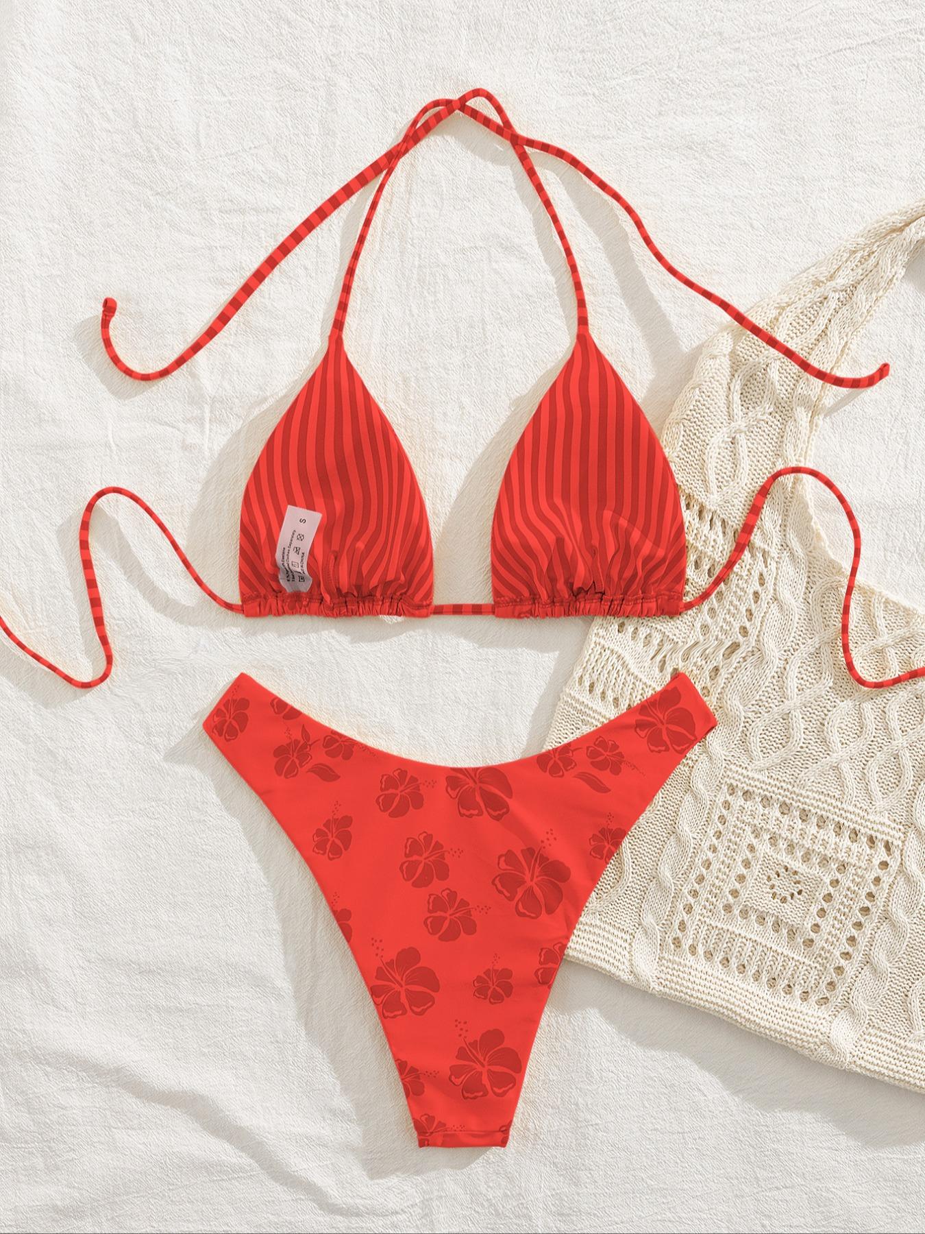 Women's Floral Print Halter Triangle Bikini Set, High Stretch Casual Fashion Tie Back Backless Swim Top & Swim Bottom for Beach Holiday Vacation, Ladies Swimsuit for All Seasons, Halter Bathing Suit