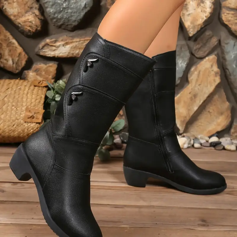 Elegant Women's Mid-Calf Boots with Side Zipper and Anti-Slip Sole, Versatile Round-Toe Footwear for Daily Wear and Outdoor Activities
