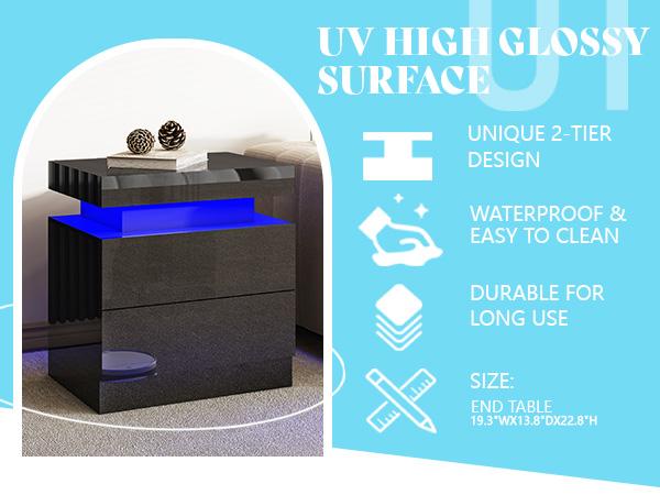 VanAcc High Gloss Nightstand Set of 2 with Charging Station, Modern Bedside Table with LED Lights by App and Remote  Control, Sofa End Side Tables with Drawers, Minimalist Night Stand for Bedroom, Living Room,
