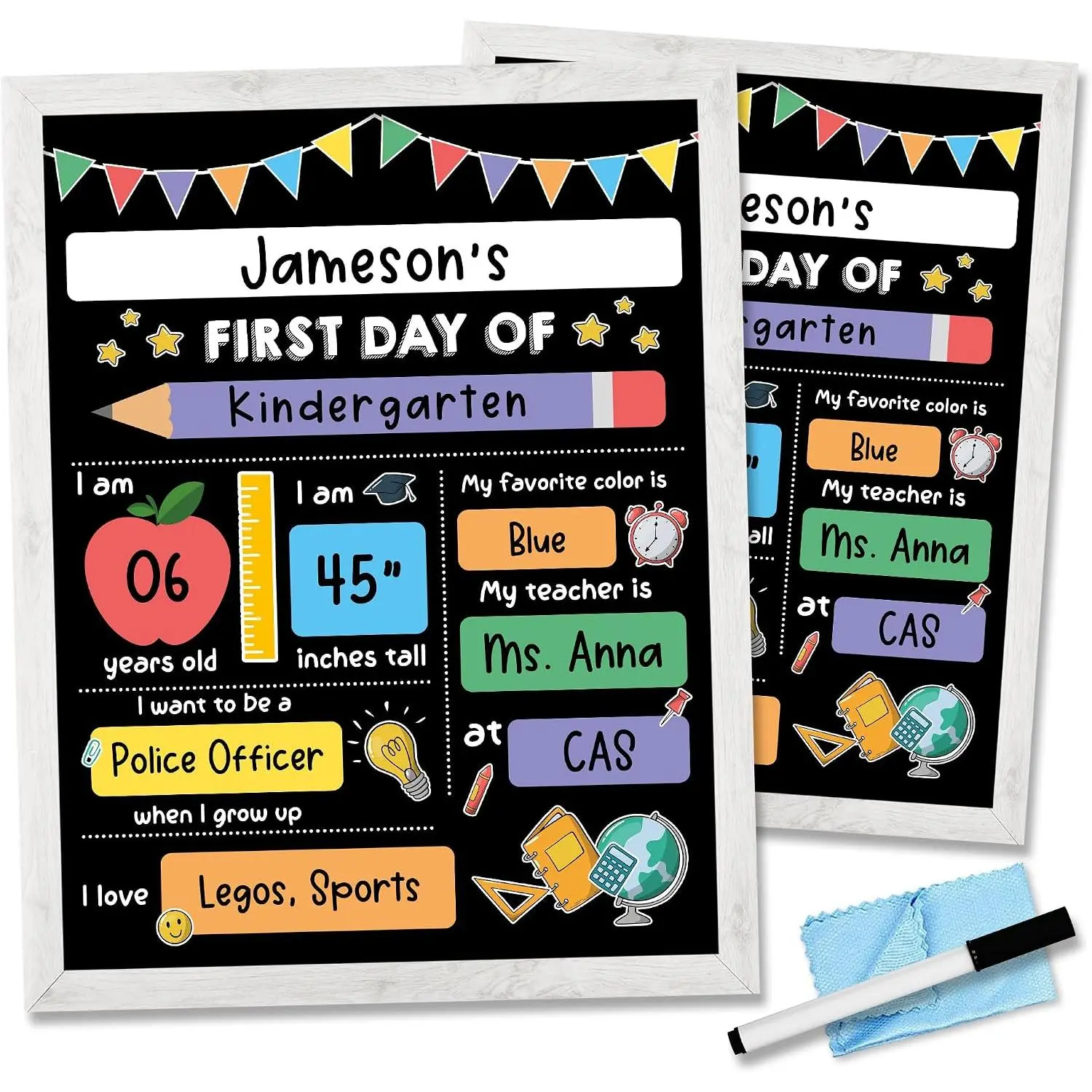 of School Board Sign with Frame, Liquid Chalk Marker and Wipe Cloth - 14”x11” Double-Sided &  Chalkboard -  to School Wooden Board for